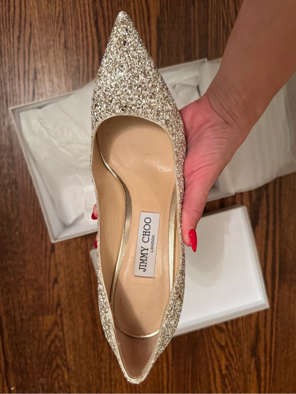 Jimmy Choo Gold Glitter Pointed Pumps - Picture 6 of 10